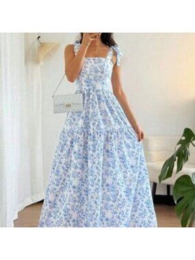 Blue And White Boho Floral Women's Elegant Long Dress